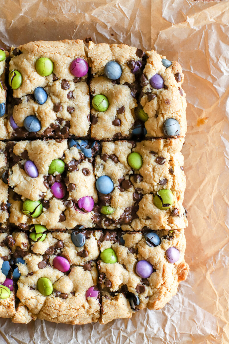 up close shot of fresh milled cookie bars slices on a piece of parchment paper