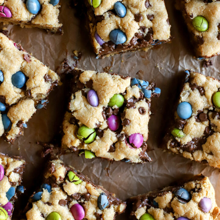 up close shot of sliced fresh milled cookie bars on a piece of parchment paper