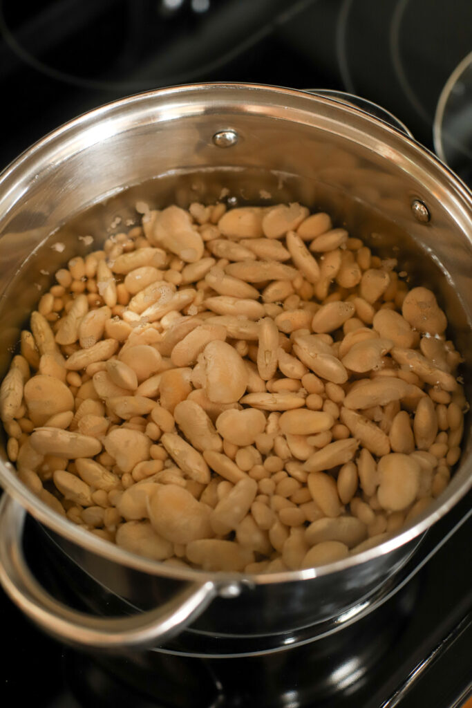 up close shot of dried beans soaking in a pan full of water