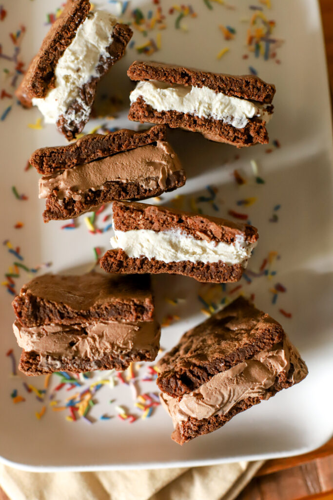up close shot of fresh milled flour ice cream sandwiches on a plate with sprinkles