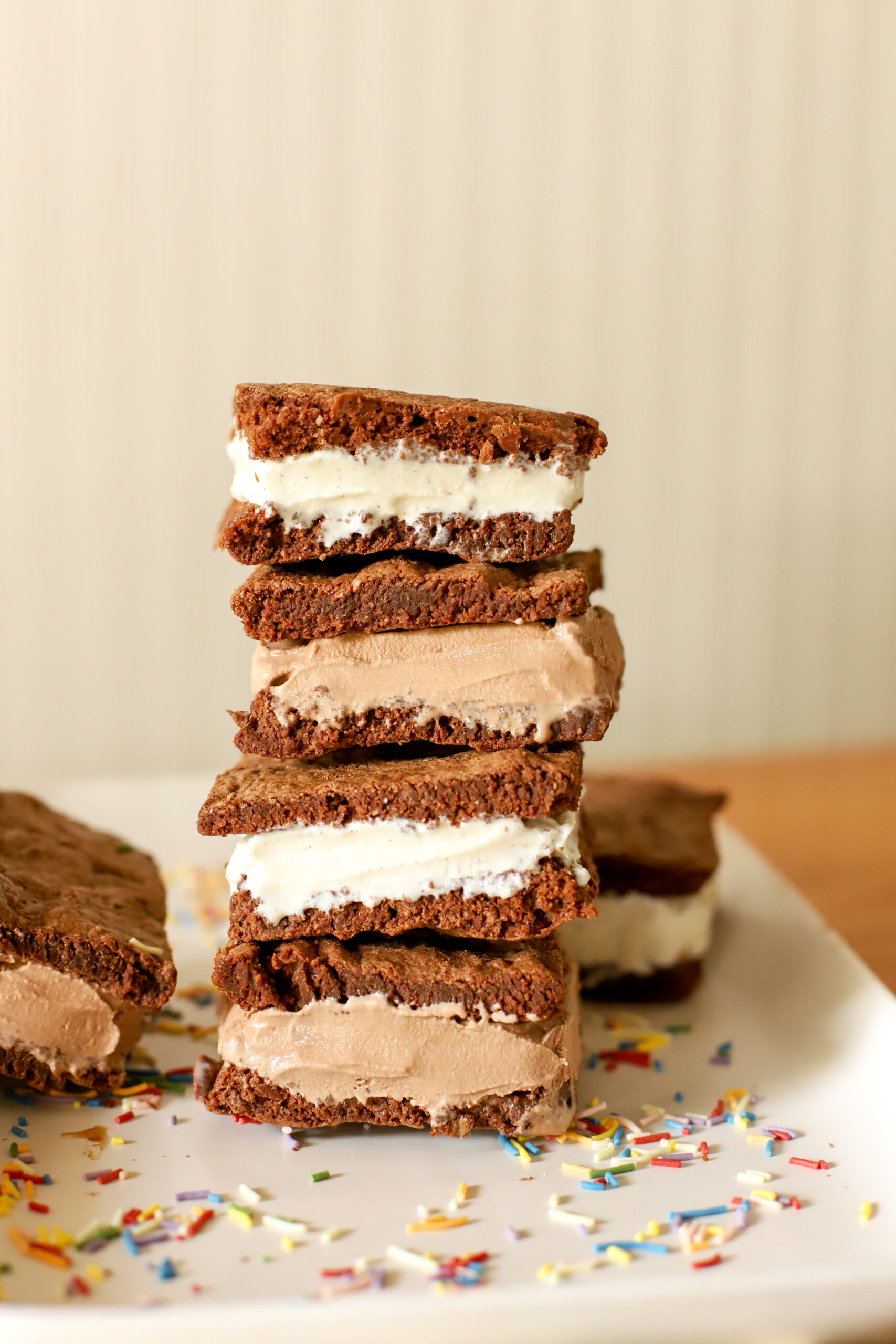 up close shot of stack of ice cream sandwiches on a plate