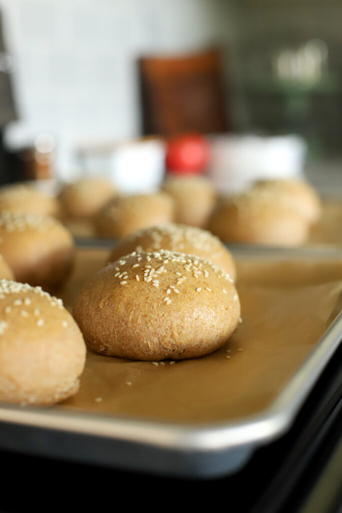 up close shot of fresh milled sourdough burger buns on a baking sheet lined with parchment paper