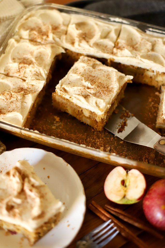 an overhead shot of a 9x13 baking pan of fresh milled apple cake